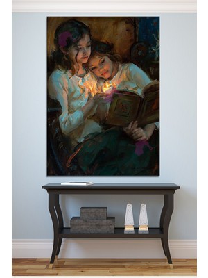 Morfil Sanat Atölyesi Mum Işığında Kitap Okuyan Kızlar Yağlıboya Efektli Kanvas Tablo  (8 Farklı Ölçü)
