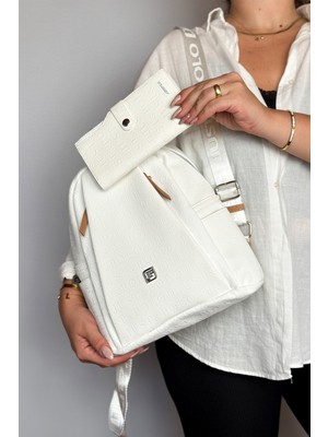 Just Polo Büyük Boy Günlük Kullanamına Uygun 9 Bölmeli Beyaz Taba Kombin Kadın Sırt Çantası 4040