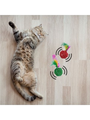 Roichill 2li Rattan Renkli Peluş Tüy Kedi Köpek Oyuncak Yakalama Çiğneme Çıngıraklı Top Oyuncağı
