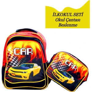 3 Bölmeli Ilkokul Okul Sırt Çantası ve Beslenme Çantası Car Siyah