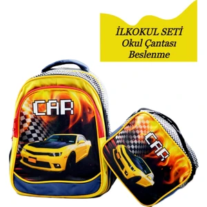 3 Bölmeli Ilkokul Okul Sırt Çantası ve Beslenme Çantası Car Sarı
