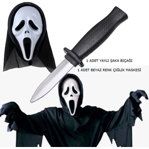 Beyaz Renk Kapüşonlu Plastik Çığlık Hayalet Maskesi Şaka Bıçağı Seti