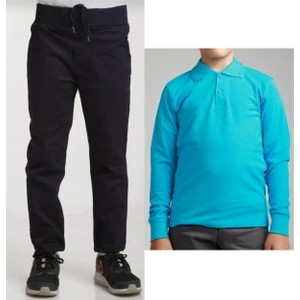 Çocuk Ribana Bel Keten Siyah Okul Pantolonu + Polo Yaka Uzun Kol T-Shirt
