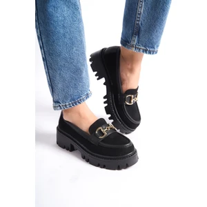 MB1170-S Kalın Taban Lüx Süet Tokalı Siyah Kadın Kolej Loafer