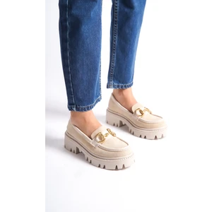 MB1170-BJ Kalın Taban Lüx Süet Tokalı Bej Kadın Kolej Loafer