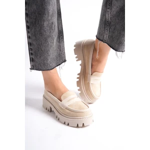 MB1190-BJ Kalın Taban Lüx Süet Bej Kadın Kolej Loafer