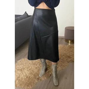 Swarıus Asimetrik Dikim Detaylı Kadın Deri Etek Siyah