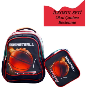 3 Bölmeli Ilkokul Okul Sırt Çantası ve Beslenme Çantası Basketball Yeşil