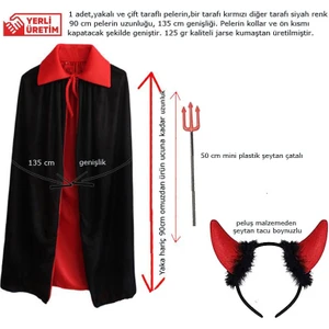 Kırmızı Siyah Renk 90 cm Çift Taraflı Şeytan Vampir Pelerini Çatalı ve Boynuzlu Tacı Seti 3 Parça 6-10 Yaş Hallow
