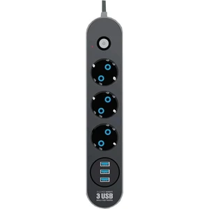 Akım Korumalı 3'lü Grup Priz 1 Mini LED Uzatma Kablosu 3x USB 3x Anahtar 2 m Kablo 2500W