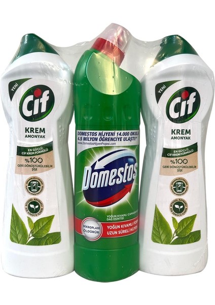 Krem Amonyak 2 Adet 750 ml & Domestos Dağ Esintisi 750 ml (3'lü Paket)