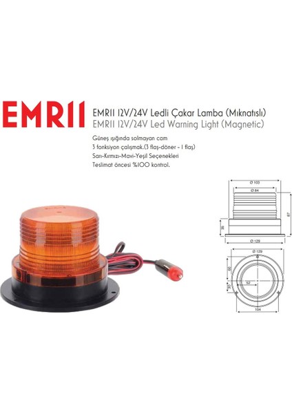 Emir EMR11 Çakar Flaş Galaxi Lamba 12-24V Mıknatıslı Çakmaklı fiyatları
