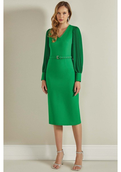 V Yaka Yeşil Dokuma Elbise