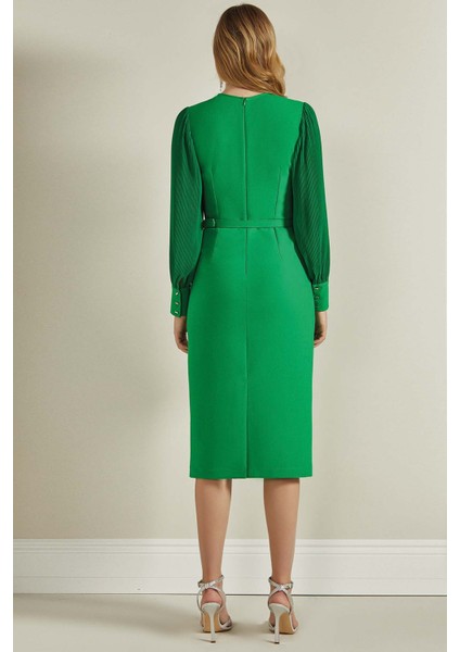 V Yaka Yeşil Dokuma Elbise fiyatları