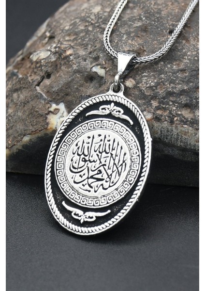 Gümüş 925 Ayar Erkek Gümüş Kolye Zincir ( La Ilahe Illallah,muhammedün Resulullah ) Yazlı