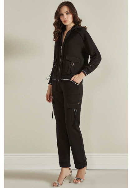 Kapüşonlu Siyah Üç Iplik Eşofman Üstü