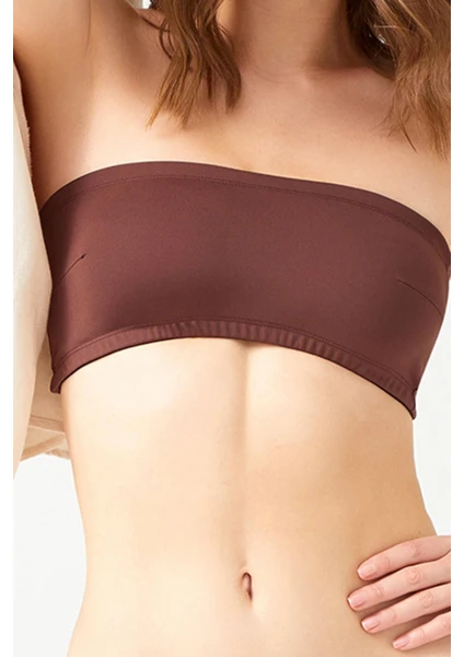 Straplez Crop Top Büstiyer Koyu Kahverengi