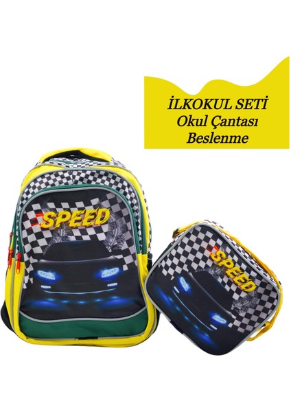 3 Bölmeli Ilkokul Okul Sırt Çantası ve Beslenme Çantası Speed Sarı