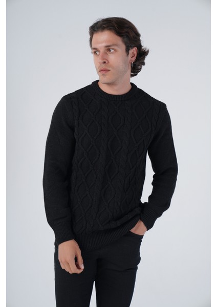 Erkek Siyah Saç Örgülü Yürütme Bisiklet Yaka Triko Yün Kazak TRIST-5303