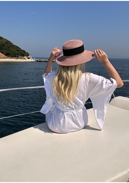Kimono - Nakışlı Beyaz %100 Keten Plaj Elbisesi