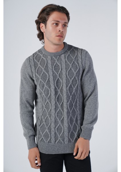 Erkek Gri Saç Örgülü Yürütme Bisiklet Yaka Triko Yün Kazak TRIST-5303