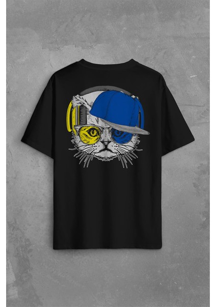 Cat Glasses Gözlüklü Sarı Lacivert Fenerbahçe Kedi Sırt Ön Baskılı Oversize Tişört T-Shirt
