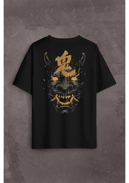 Mask Hannya Demon Maske Japonca Japanese Sırt Ön Baskılı Oversize Tişört T-Shirt