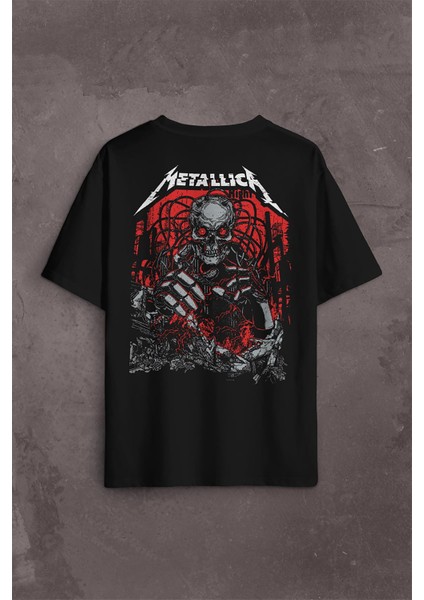 Metallica Rock Music Metal Skull Kuru Kafa James Lars Kırk Robert Sırt Ön Baskılı Oversize Tişört T-Shirt