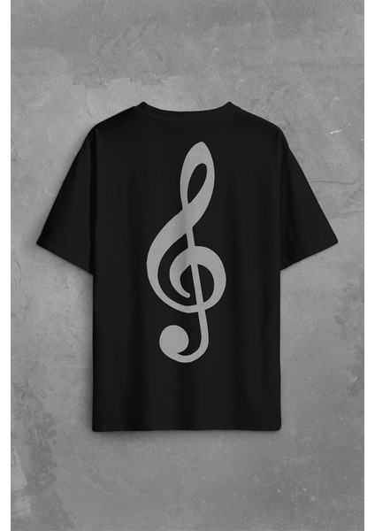 Sol Anahtarı Müzik Nota Es Gitar Saz Bağlama Sırt Ön Baskılı Oversize Tişört T-Shirt fiyatları