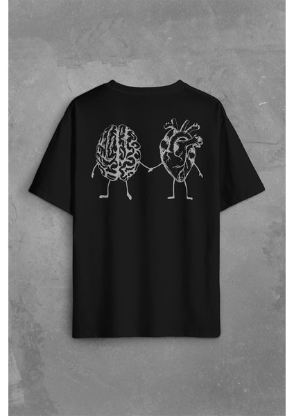 Kalp ve Beyin Aşk Akıl Mantık El Ele Duygusal Zeka Sırt Ön Baskılı Oversize Tişört T-Shirt
