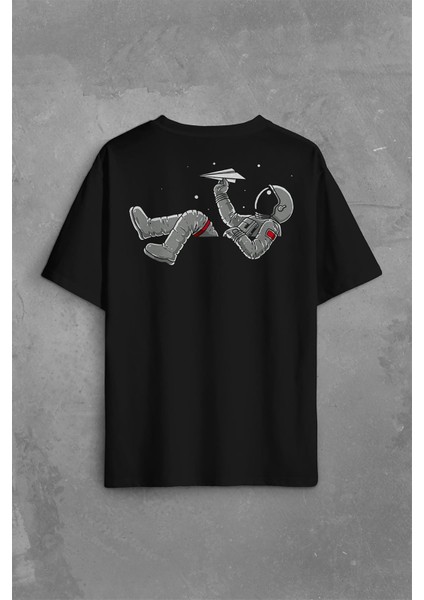 Uçan Astronot Uçurtma Uzay Yolculuğu Cosmos Sırt Ön Baskılı Oversize Tişört T-Shirt