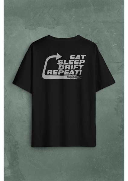 Eat Sleep Drift Repeat Race Sport Motospor Sırt Ön Baskılı Oversize Tişört T-Shirt