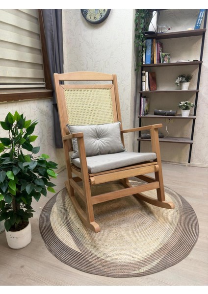 Veranda Naturel Vizon Minderli Hasırlı Sallanan Sandalye Hazeranlı Dinlenme Koltuğu