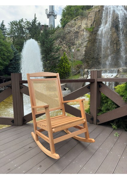 Veranda Naturel Boyalı Hasırlı Sallanan Sandalye Hazeranlı Dinlenme Koltuğu