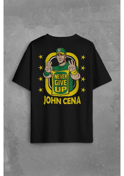 John Cena Wwe Logo Never Give Up Amerikan Güreşi Sırt Ön Baskılı Oversize Tişört T-Shirt