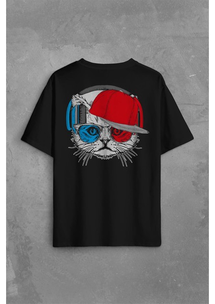 Cat Glasses Gözlüklü Bordo Mavi Spor Kedi Sırt Ön Baskılı Oversize Tişört T-Shirt