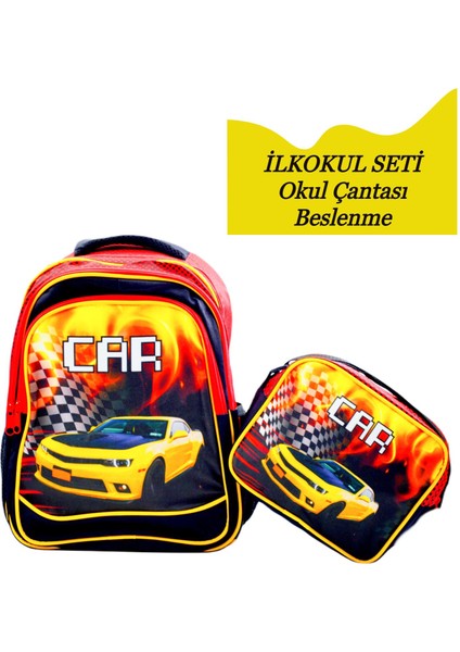 3 Bölmeli Ilkokul Okul Sırt Çantası ve Beslenme Çantası Car Siyah