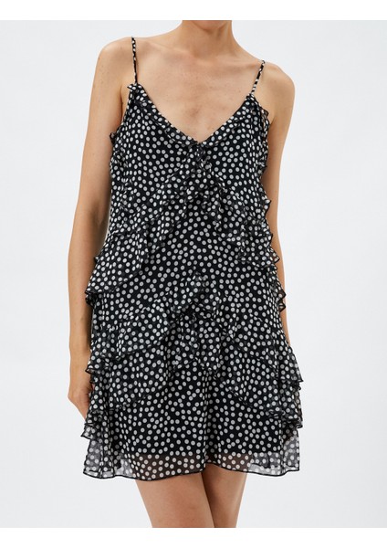 Fırfırlı Elbise Şifon Mini Ince Askılı V Yaka Astarlı