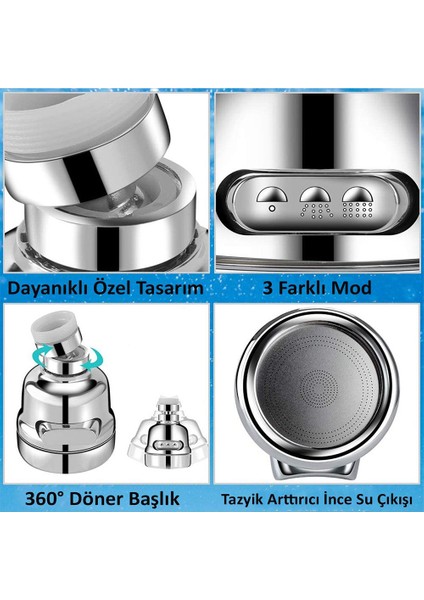 Tasarruflu Başlık Ayarlanabilir Musluk Ucu 3 Fonksiyonlu Mutfak Lavabo Başlığı 360 Derece Döner Ayarlı