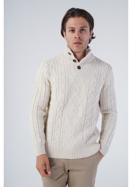 Erkek Saç Örgülü Yürütme Arka Kol Fitilli Düğmeli Triko Yün Kazak TRIST-5307