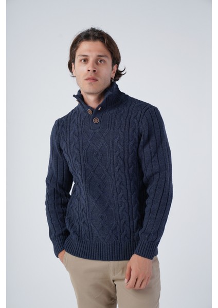 Erkek Saç Örgülü Yürütme Arka Kol Fitilli Düğmeli Triko Yün Kazak TRIST-5307