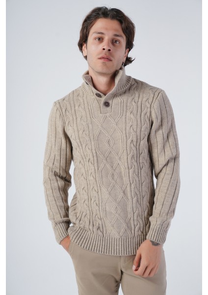 Erkek Saç Örgülü Yürütme Arka Kol Fitilli Düğmeli Triko Yün Kazak TRIST-5307