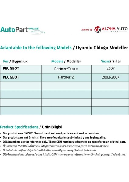 Peugeot Partner 2,tepee Için Ön Sol Cam Tamir Seti