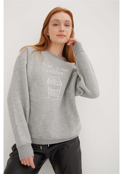 Bisiklet Yaka Baskılı Sweat Gri Melanj fiyatları