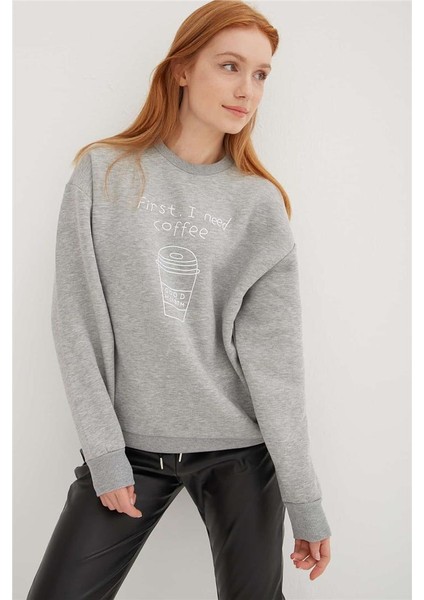 Bisiklet Yaka Baskılı Sweat Gri Melanj modelleri