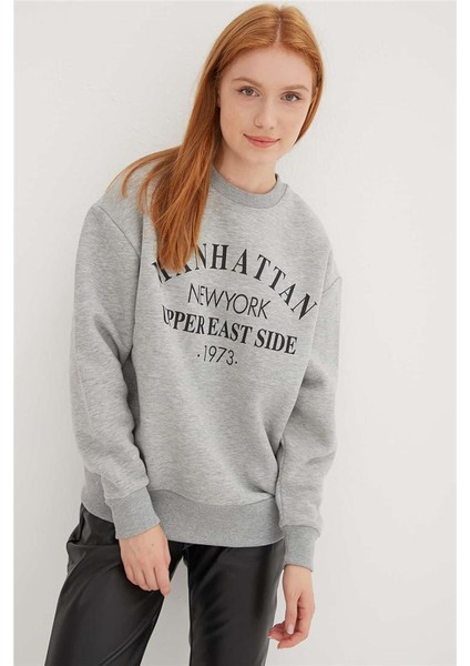 Bisiklet Yaka Baskılı Sweat Gri Melanj