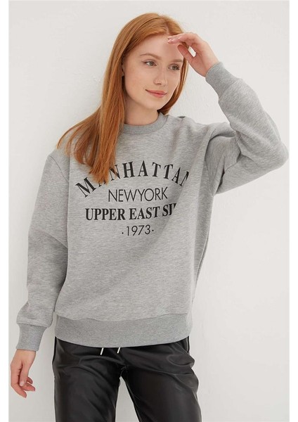 Bisiklet Yaka Baskılı Sweat Gri Melanj fiyatları