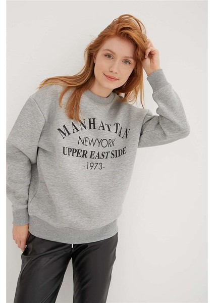 Bisiklet Yaka Baskılı Sweat Gri Melanj fırsatları