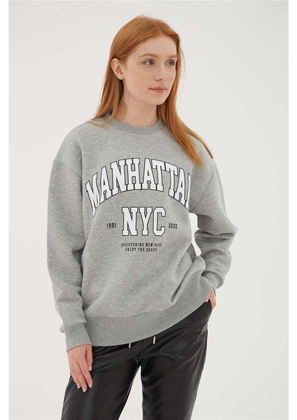 Bisiklet Yaka Baskılı Sweat Gri Melanj fiyatları