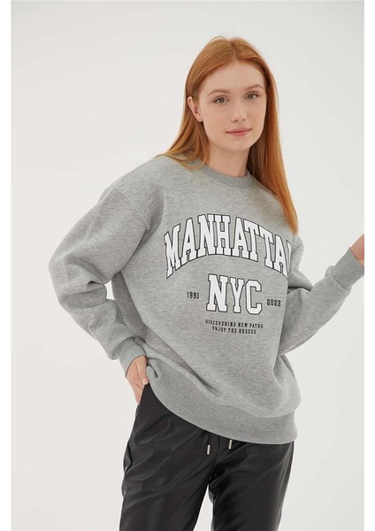 Bisiklet Yaka Baskılı Sweat Gri Melanj modelleri